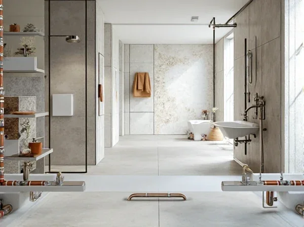 Modernes Badezimmer mit sichtbarer Sanitärinstallation und bodengleicher Dusche.